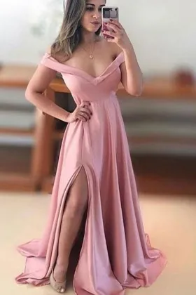 pastel pink satin off shoulder high slit prom dress