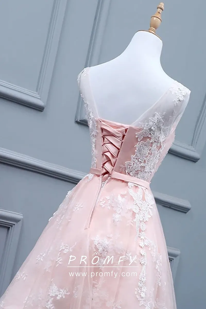 White Lace Overlay Blushing Pink Aline Prom Dress Promfy