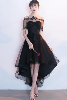 high low strapless sheer wrap black homecoming gown