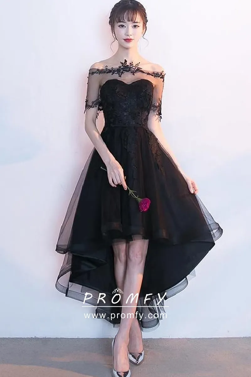 high low strapless sheer wrap black homecoming gown high low strapless sheer wrap black homecoming gown