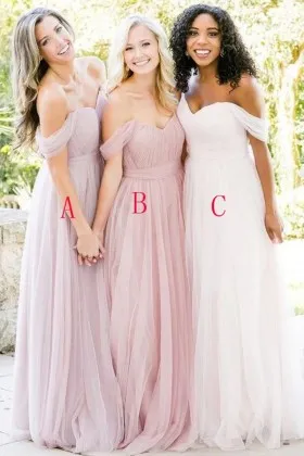 fancy off the shoulder V neck tulle bridesmaid gown