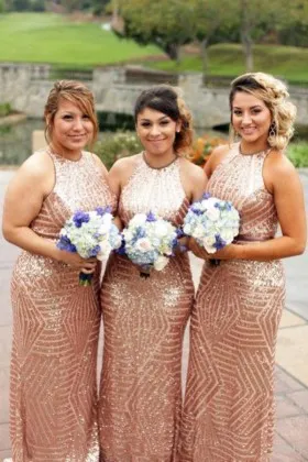 Rose Gold Sequin Crew Neck Sparkly Bridesmaid Dress