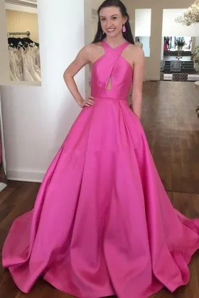 unique criss cross keyhole fuchsia satin prom gown