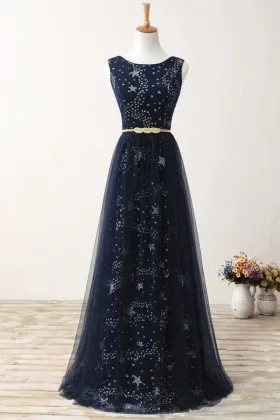 Glitter Stars Beaded Navy A line long Prom Dress