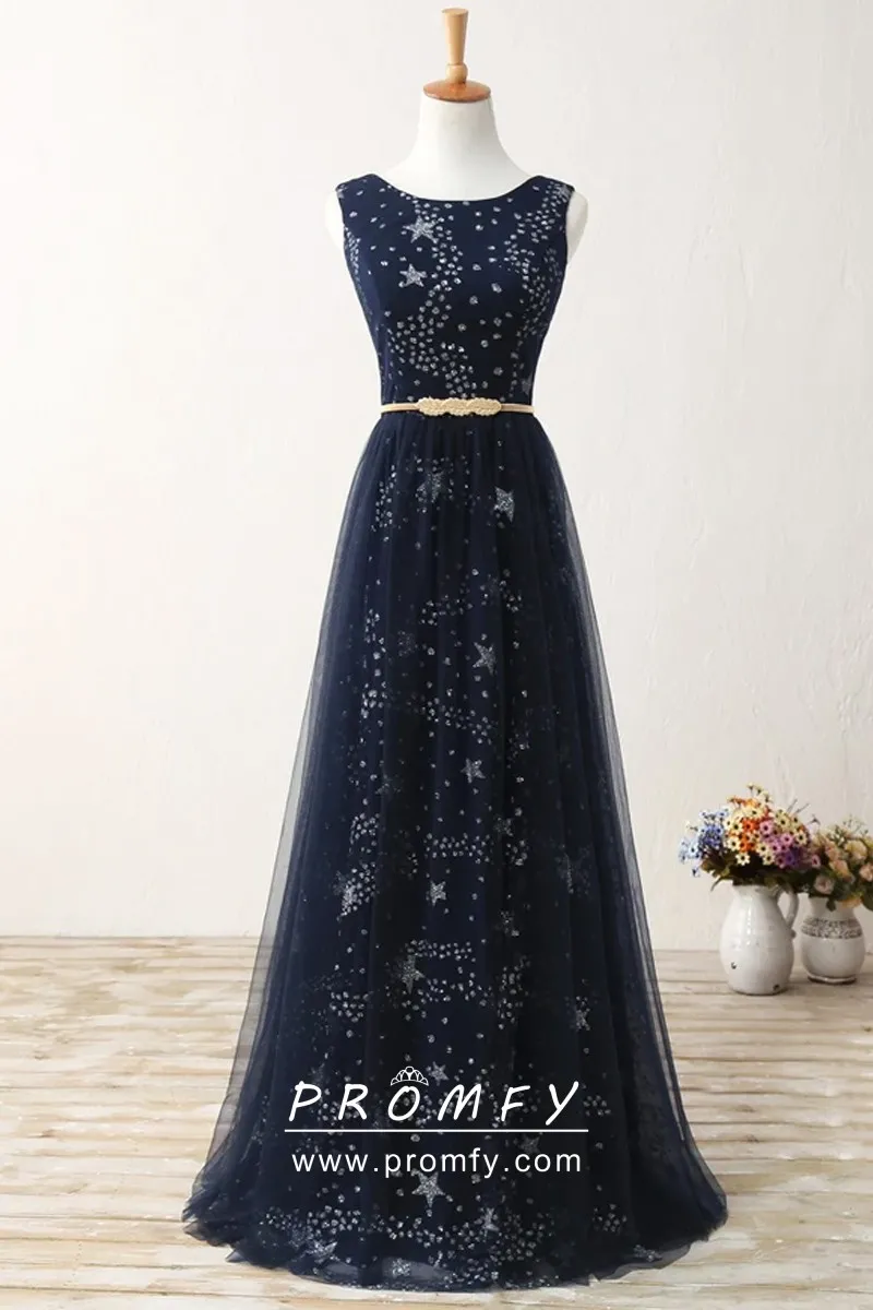 Glitter Stars Beaded Navy Aline Long Prom Dress Promfy