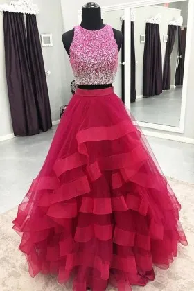 Ombre Fuchsia Beading Flounced Red Two piece Dress
