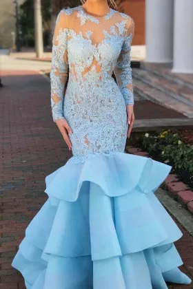 drop waist Sky Blue lace Tiered organza Prom Dress