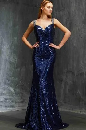 chic beaded wide straps navy blue sequin prom dress