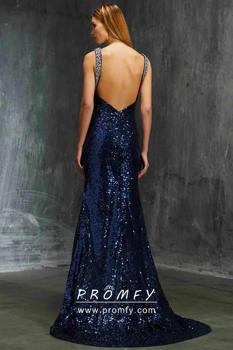 Wide Straps Navy Blue Sequin Prom Dress 