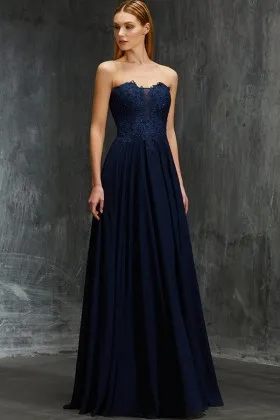 dark navy lace chiffon strapless long formal dress