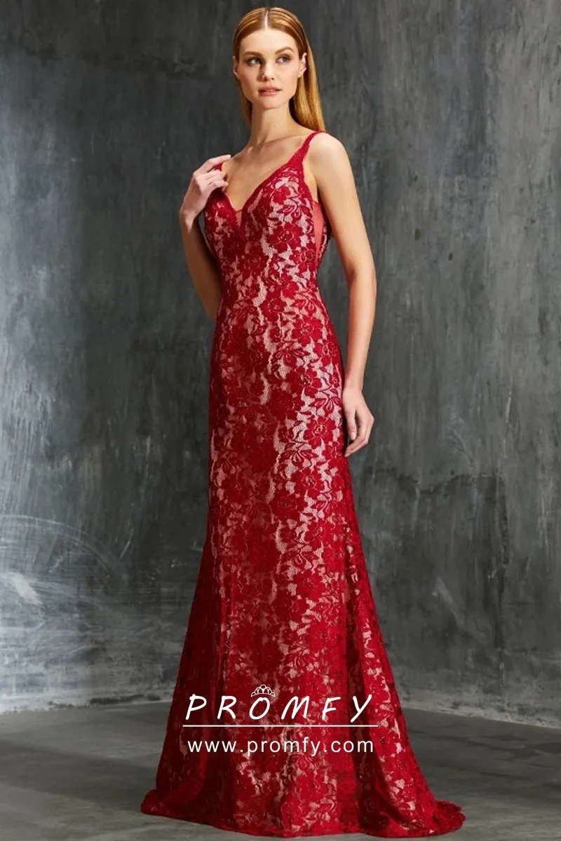 V neck red intricate lace white lining feminine prom dress V neck red intricate lace white lining feminine prom dress