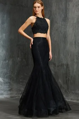 Two piece Beaded Lace Black Organza Formal Dress
