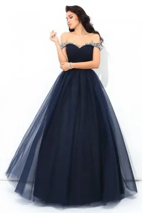 vintage inspired beaded off the shoulder navy blue formal gown
