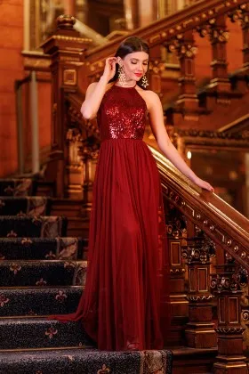 burgundy sequin tulle halter neck long prom dress