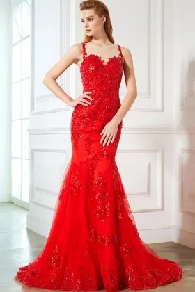 Fancy Beaded Red Lace Tulle Mermaid Formal Dress