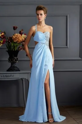 asymmetrical pleated beaded cut out sky blue dress