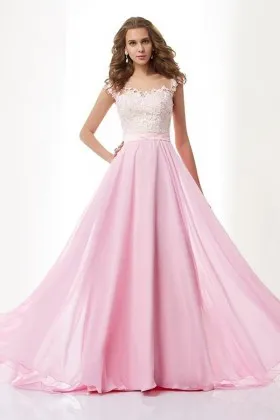 sweet pink lace and chiffon cap sleeve prom gown