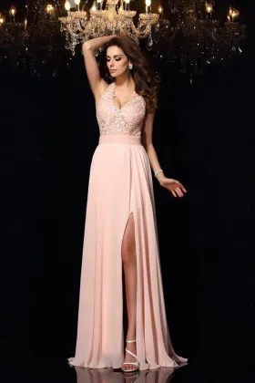 pearl pink halter lace and chiffon slit formal dress