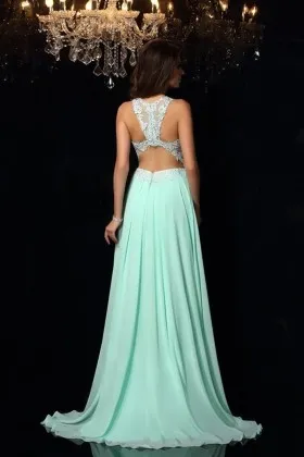 race back mint lace and chiffon A line prom dress