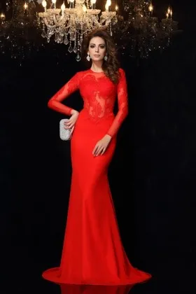 Bright Red Long Sleeves Mermaid 