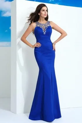 diamond neckline royal blue satin long formal dress
