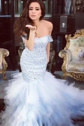 crystals embellished light blue ruffled tulle dress