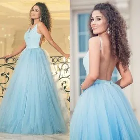 sexy backless light blue satin tulle party dress