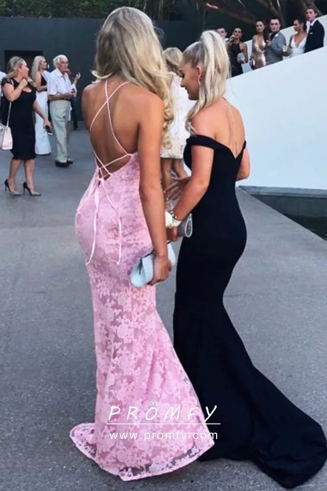 Chic Sheath Spaghetti Straps Pink Lace Prom Dress with Criss Cross Back