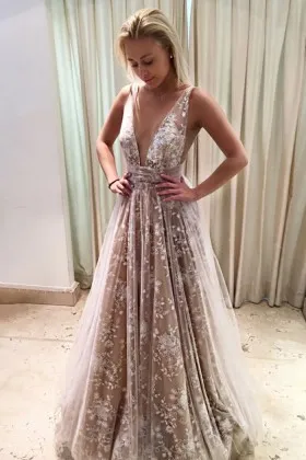 nude lace sheer tulle plunging V neck prom dress