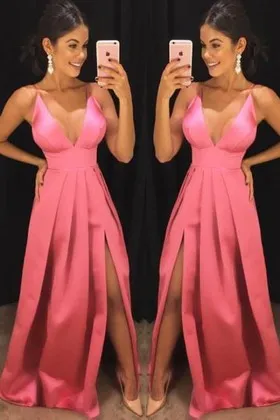 ruched pink satin empire waist sexy slit prom gown