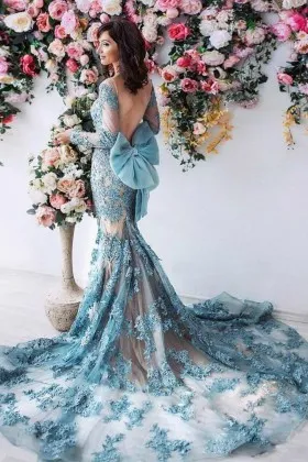 Oversized Bow Power Blue Lace Long Train Prom Dress