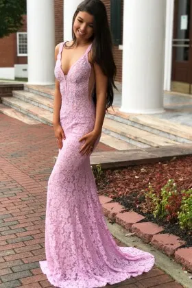 beaded candy pink lace fitted mermaid formal dress