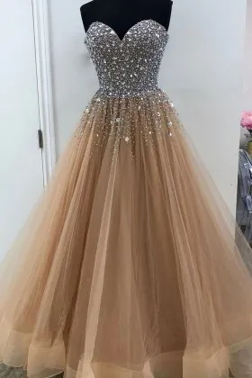 beaded strapless sweetheart nude tulle prom dress