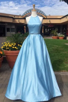 sky blue satin halter neck long fashion beaded prom dress