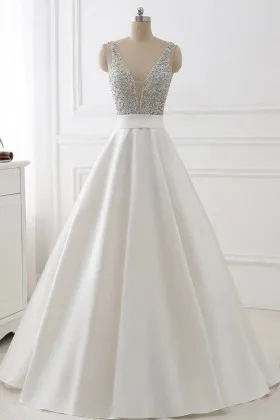 plunging neck beading ivory satin elegant prom dress