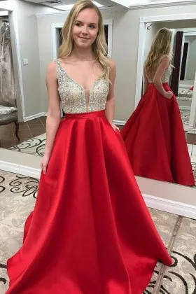 beaded bodice sleek red satin modern formal dress