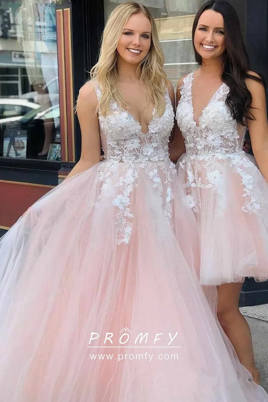 Honey Couture BLOOM Blush Pink Bustier Lace Applique Tulle Formal Dres