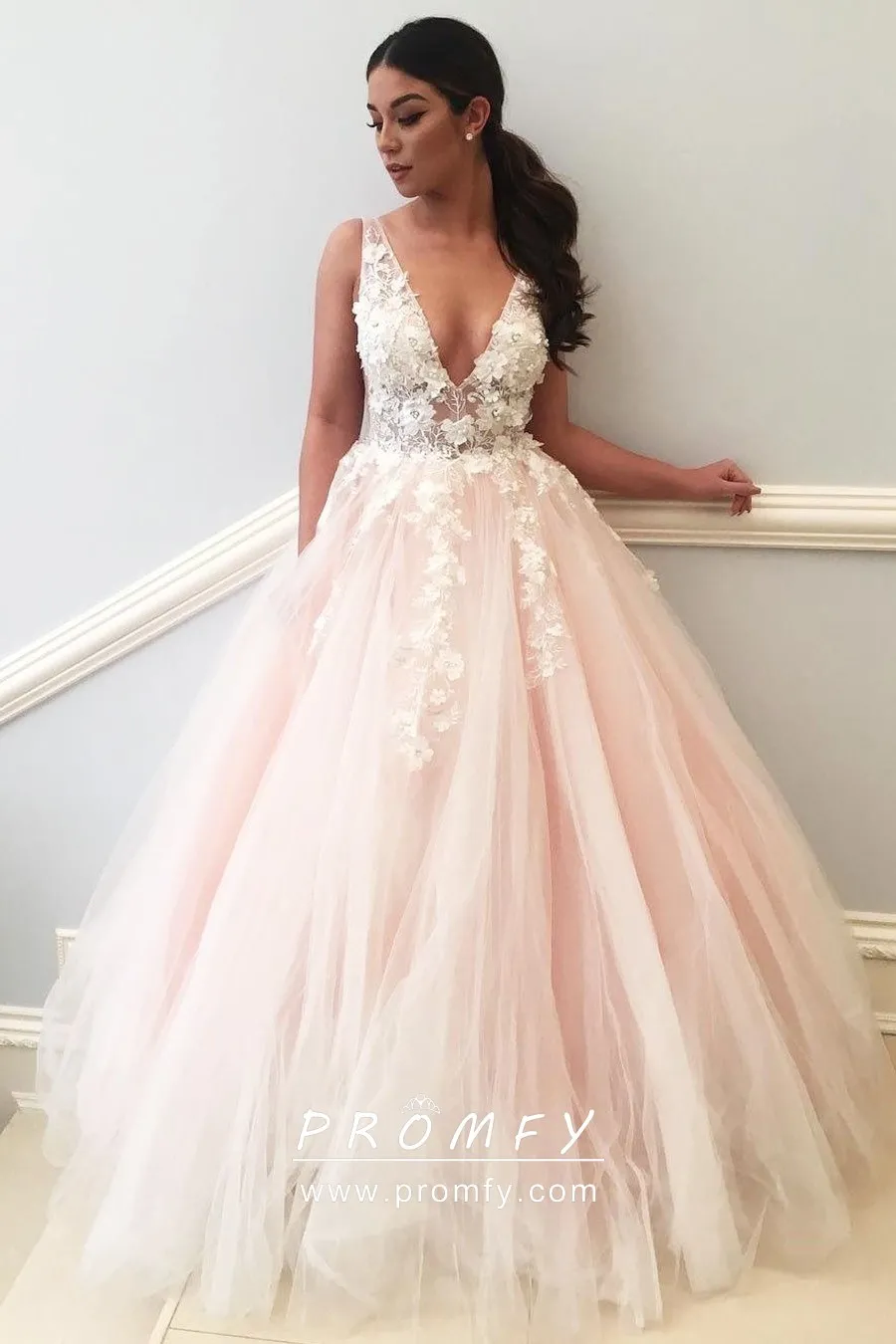 tulle wedding dress with floral lace applique
