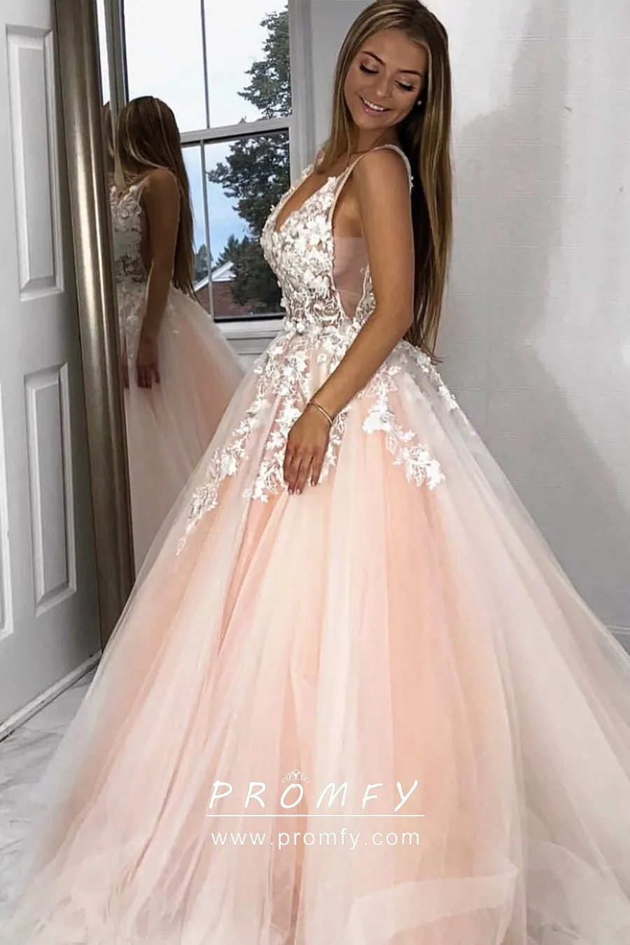 Floral Lace Applique Blush Tulle 