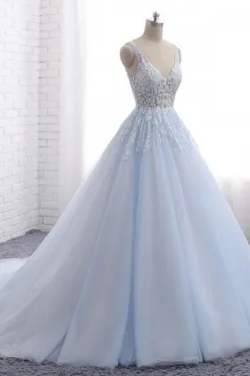 princess white lace baby blue tulle prom ball gown