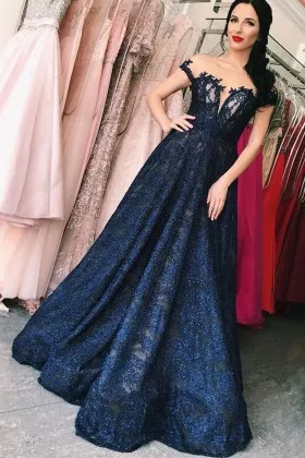 glitter navy lace illusion neck A line long prom dress