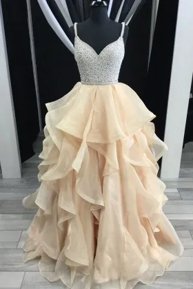 beading ruffled organza V neck cute prom dress