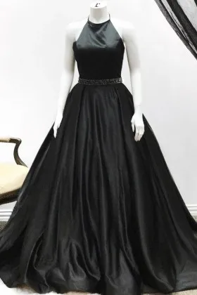 timeless black satin halter neck prom ball gown