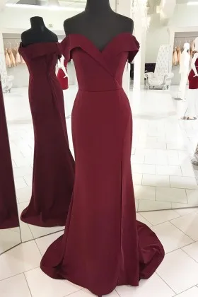 elegant mahogany off shoulder slit long prom dress
