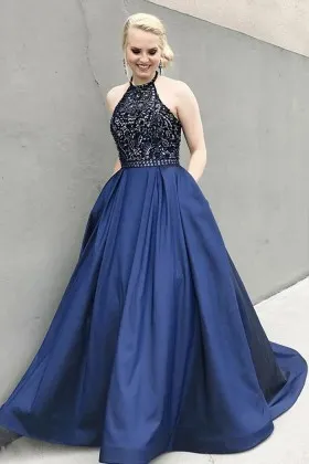 trending beaded navy blue satin puffy prom dress