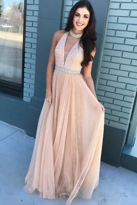 beaded choker neck nude glitter tulle prom dress