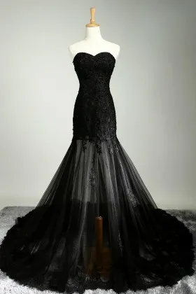 black sheer tulle beaded lace strapless prom gown