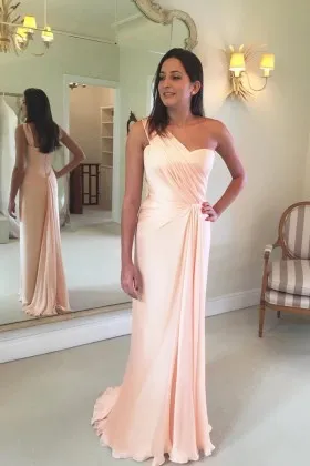 One Shoulder Strap Blush Satin Evening Prom Dress
