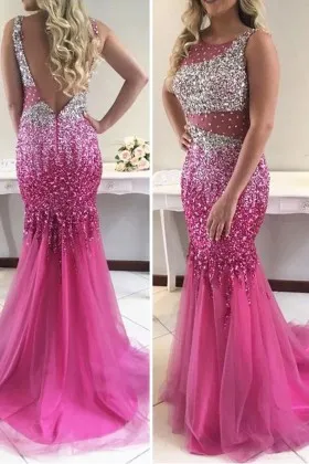unique silver to fuchsia sequinned mermaid prom gown