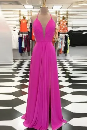 halter plunging neck fuchsia chiffon prom dress